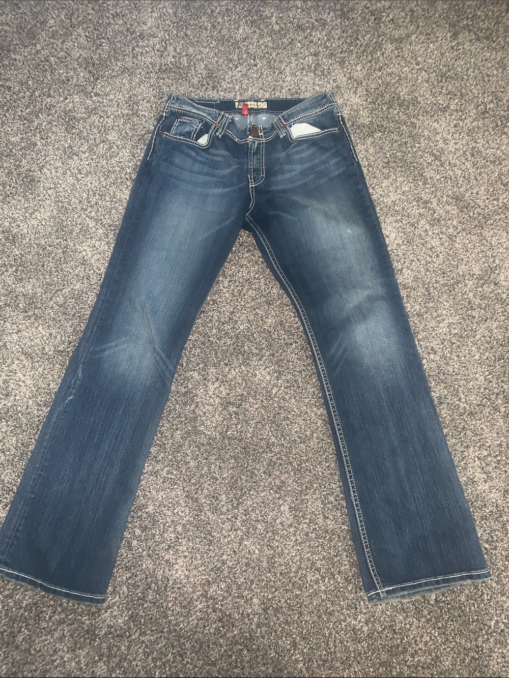 BKE Men's Blue Bootcut Jeans with diamond work on back pockets
